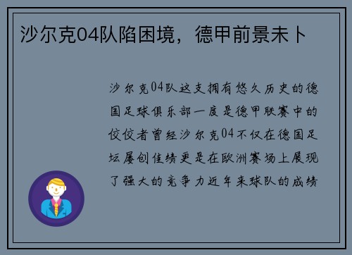 沙尔克04队陷困境，德甲前景未卜